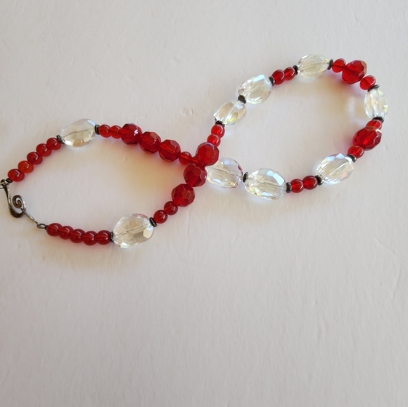 Hand Crafted Necklace Crystal Hematite Glass Beads Clear Red 23" Length - Picture 3 of 8